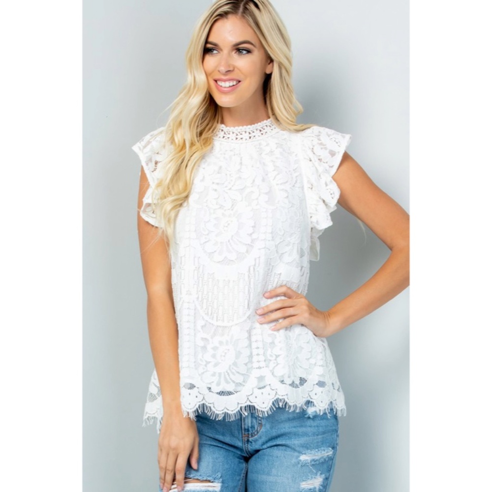 SOLD OUT White Eyelash Lace Romantic Mock Neck Ruffled Cap Sleeve Top Blouse - Picture 1 of 9